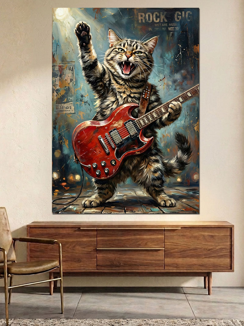 Gitar Çalan Neşeli Tekir Kedi Kanvas Tablo