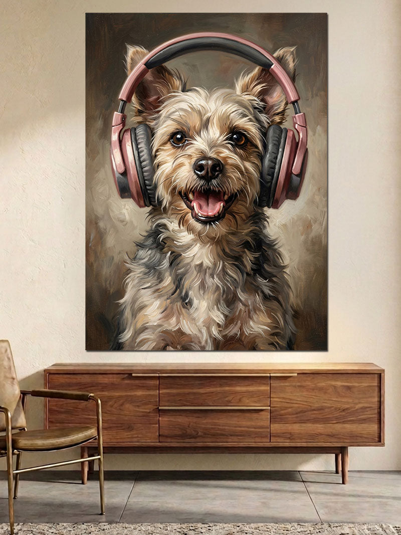 Kulaklıklı Müzik Dinleyen Şirin Köpek Kanvas Tablo