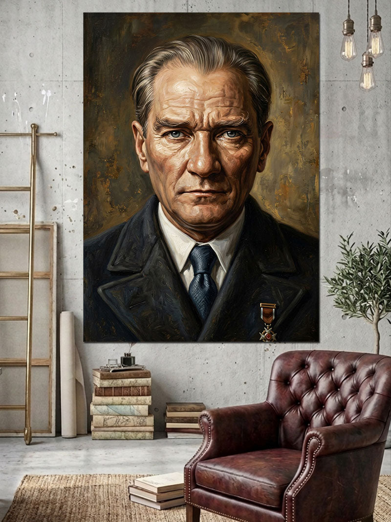 Atatürk Kararlı Bakışlı Yağlı Boya Kanvas Tablo