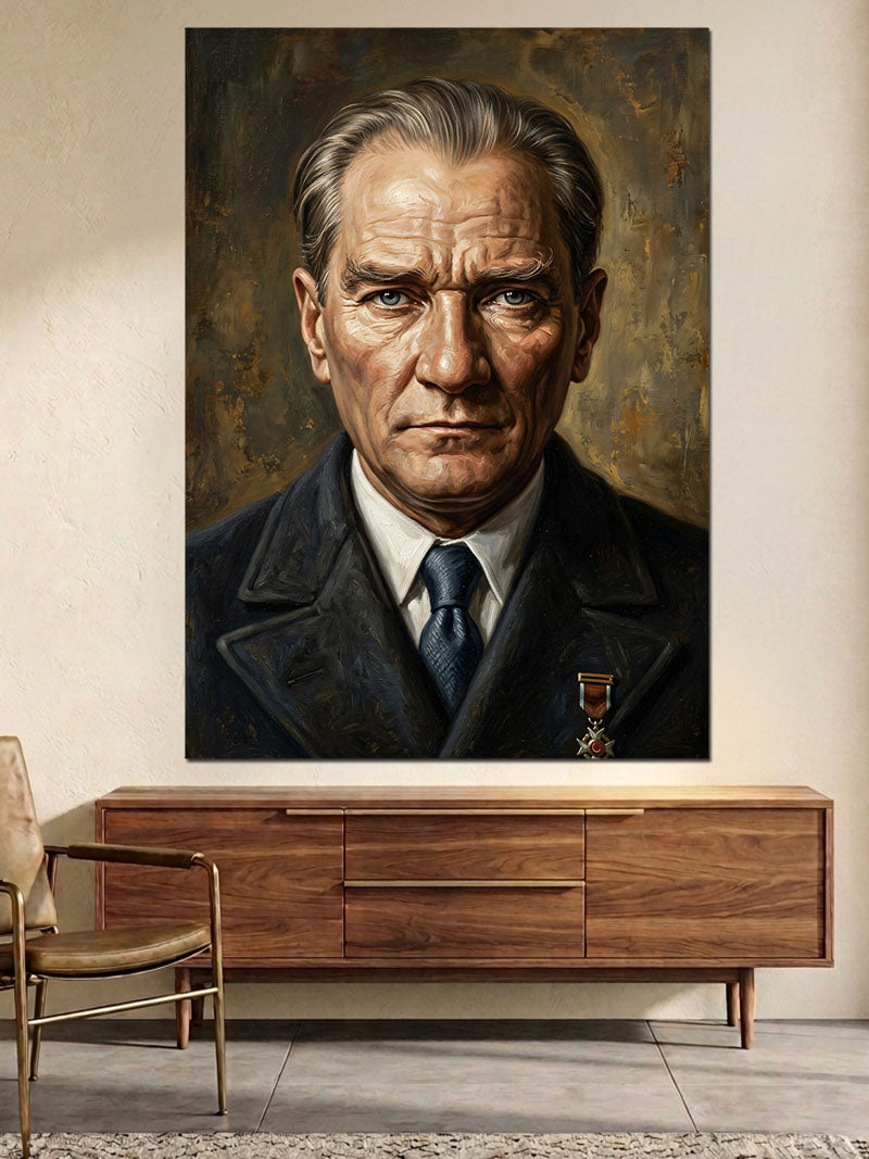 Atatürk Kararlı Bakışlı Yağlı Boya Kanvas Tablo
