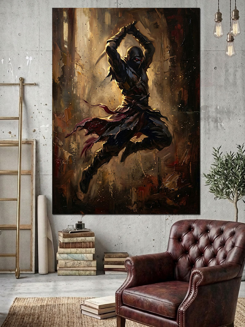 Gölgeler İçinde Havada Sıçrayan Ninja Kanvas Tablo