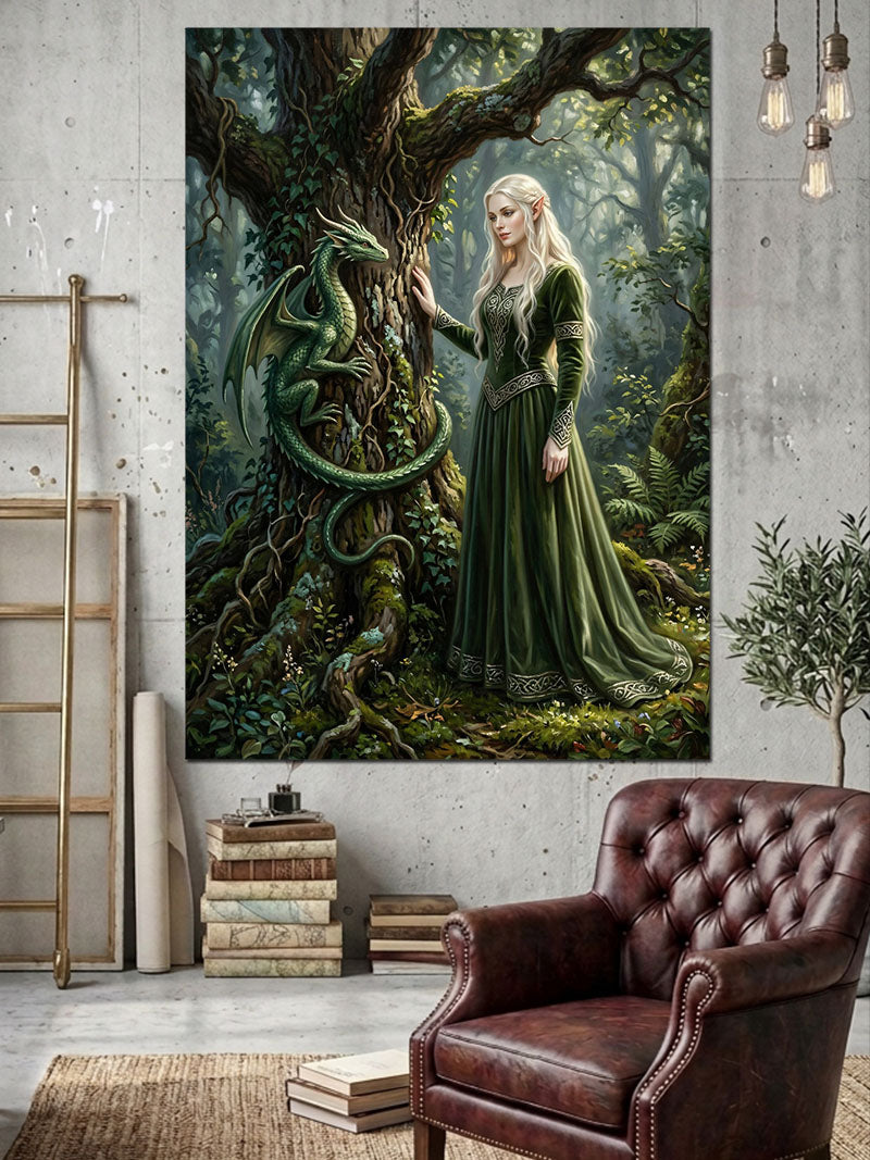 Ormanda Ağaca Yaslanan Elf Kadın Kanvas Tablo