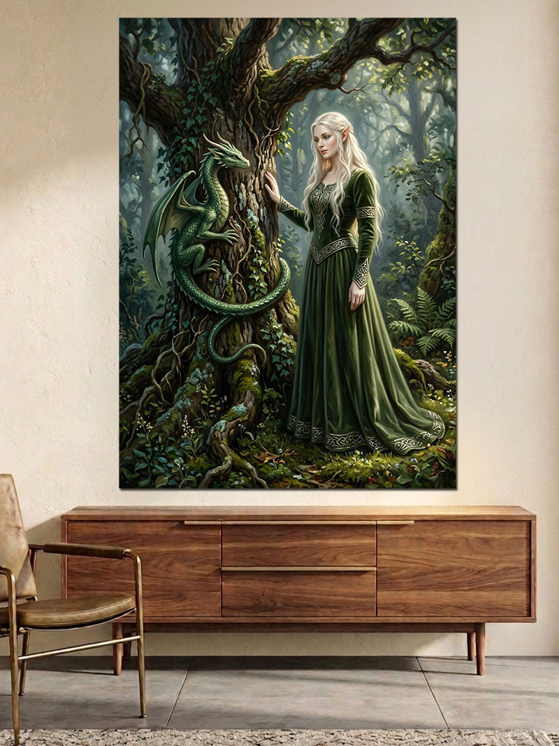 Ormanda Ağaca Yaslanan Elf Kadın Kanvas Tablo