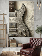 Desenli Gümüş Gövdeli Elektro Gitar Kanvas Tablo