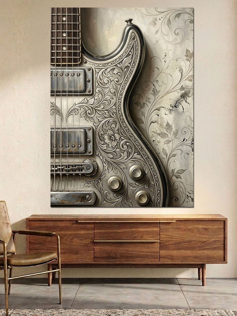Desenli Gümüş Gövdeli Elektro Gitar Kanvas Tablo