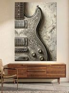 Desenli Gümüş Gövdeli Elektro Gitar Kanvas Tablo