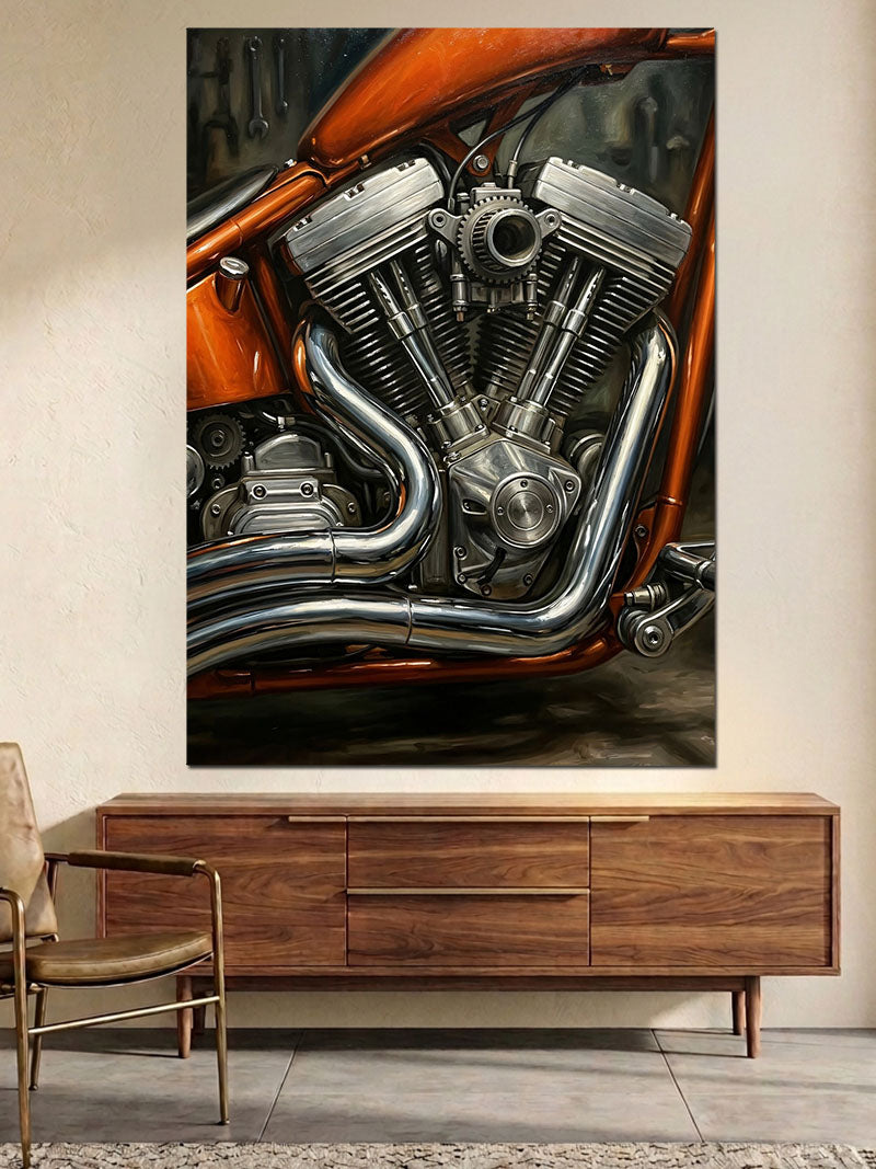 Krom Detaylı Güçlü Motosiklet Motoru Kanvas Tablo