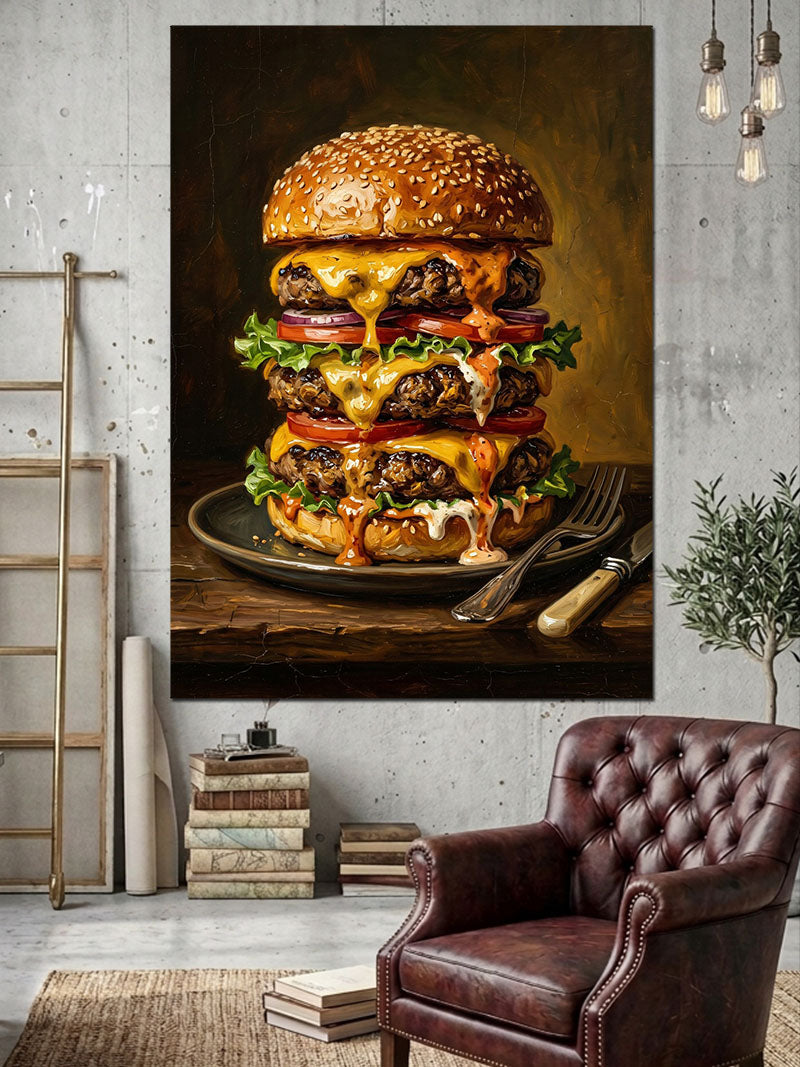 Üst Üste Binmiş Üçlü Hamburger Kanvas Tablo