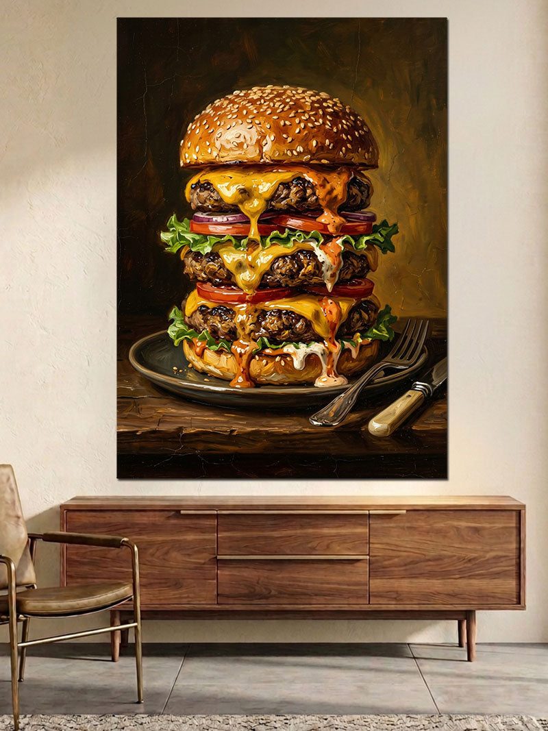 Üst Üste Binmiş Üçlü Hamburger Kanvas Tablo