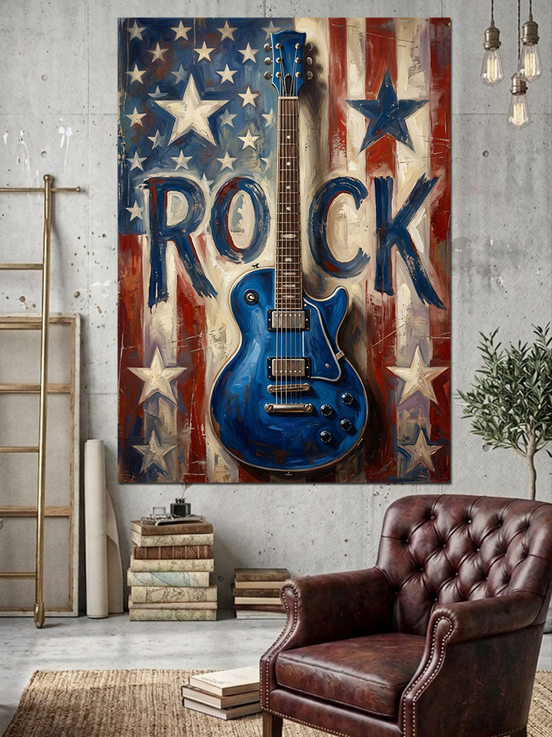 Amerikan Bayraklı Rock Elektro Gitar Kanvas Tablo