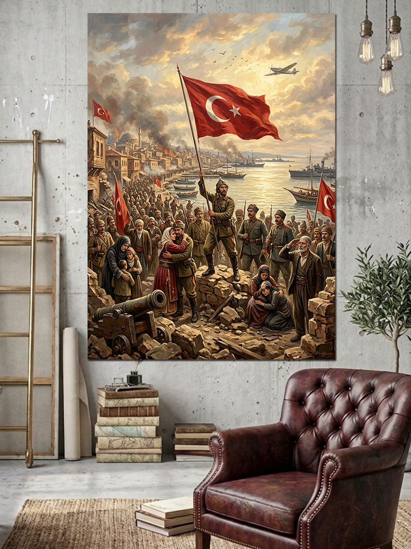 Türk Bayrağı Tutan Atlı Süvari Kanvas Tablo