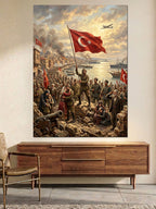 Türk Bayrağı Tutan Atlı Süvari Kanvas Tablo