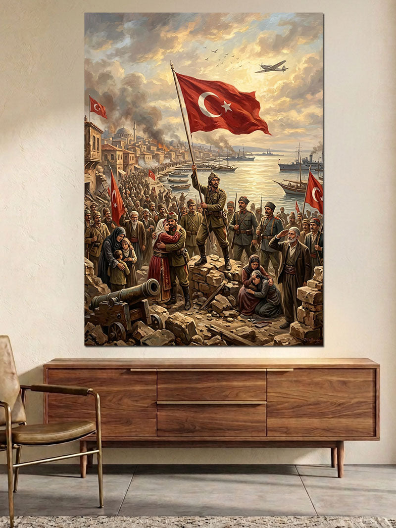 Türk Bayrağı Tutan Atlı Süvari Kanvas Tablo