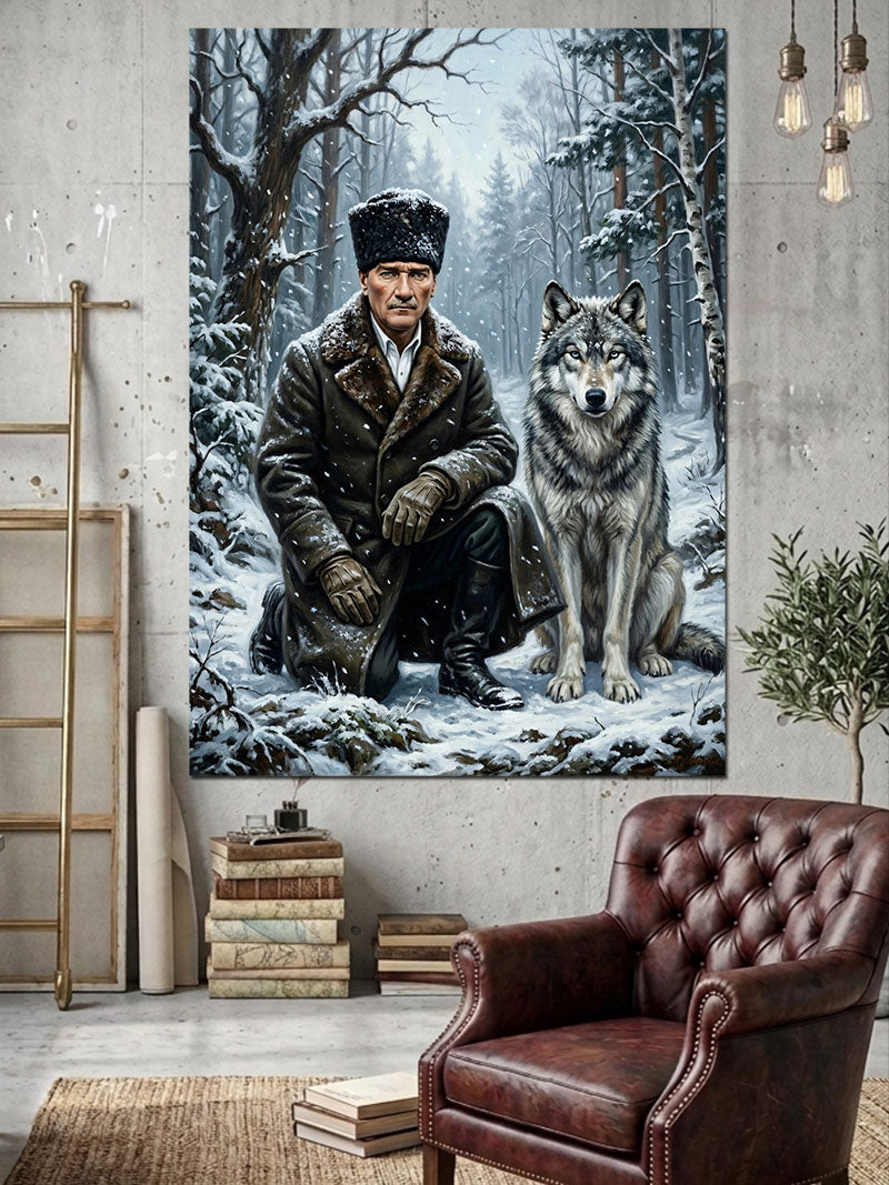 Kar İçinde Atatürk Ve Kurt Kanvas Tablo