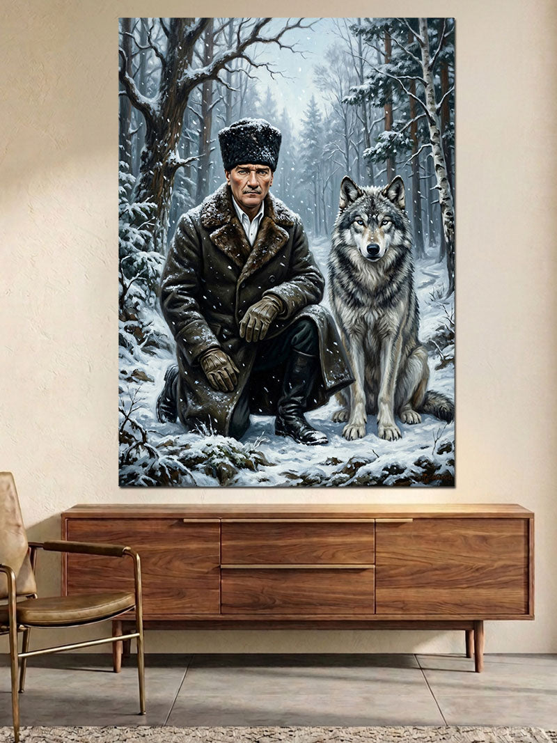 Kar İçinde Atatürk Ve Kurt Kanvas Tablo
