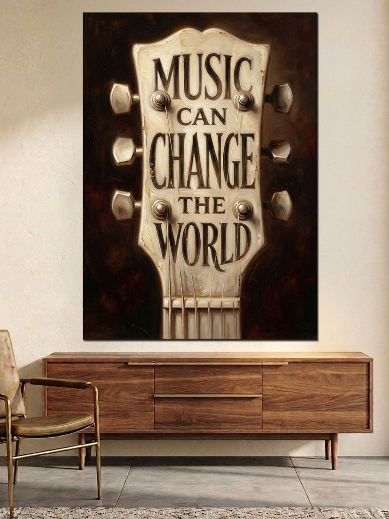 Müzik Dünyayı Değiştirebilir Yazılı Gitar Kanvas Tablo