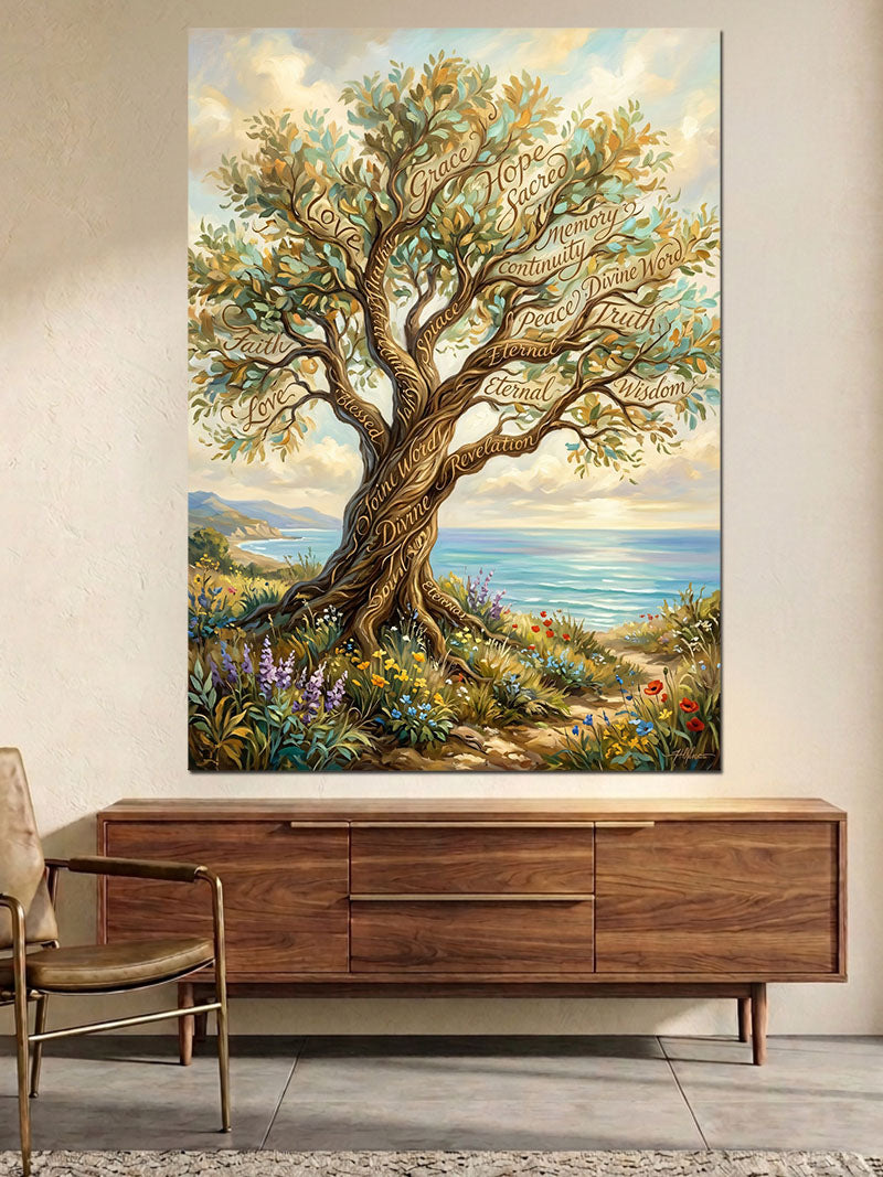 Deniz Kıyısında Yaşlı Zeytin Ağacı Kanvas Tablo