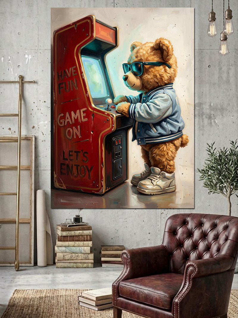 Arcade Oyun Oynayan Oyuncak Ayı Kanvas Tablo