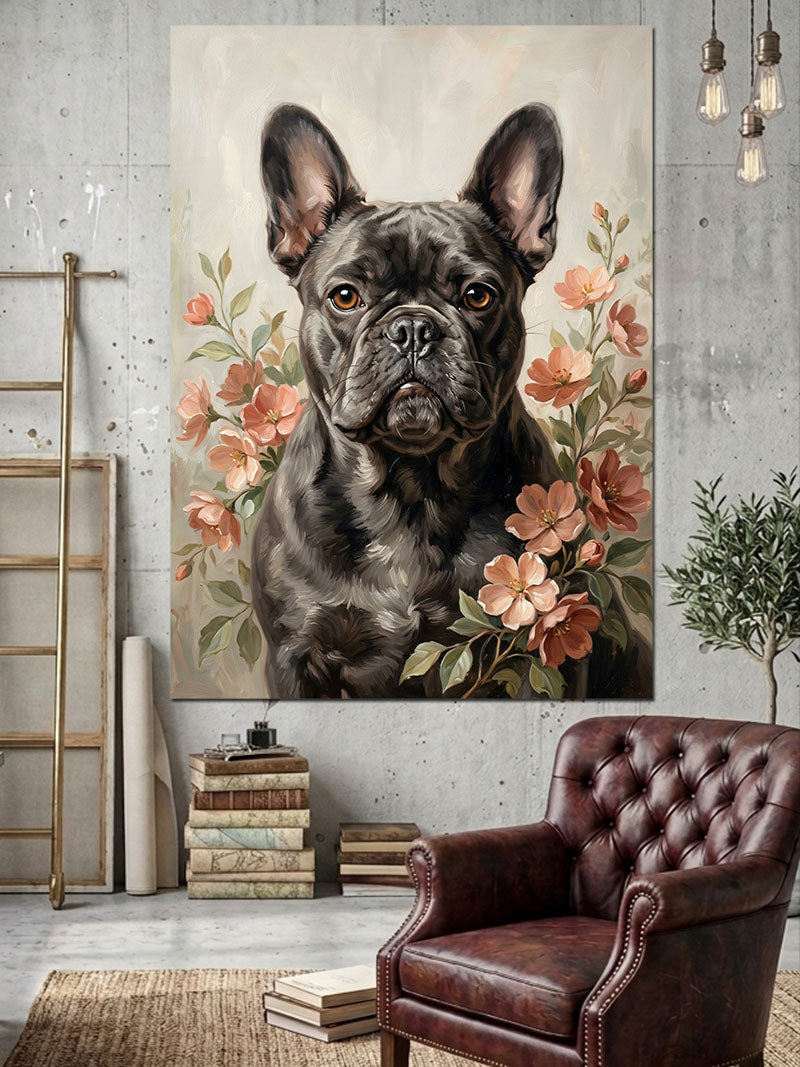 Çiçekler Arasında Siyah Pug Köpeği Kanvas Tablo