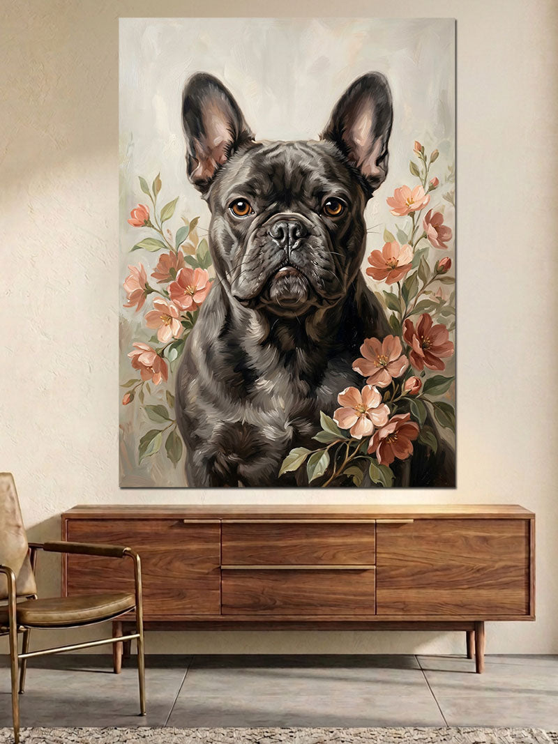 Çiçekler Arasında Siyah Pug Köpeği Kanvas Tablo