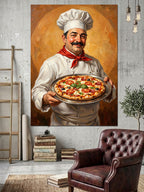 Pizzalı Gülümseyen Şef Aşçı Portresi Kanvas Tablo