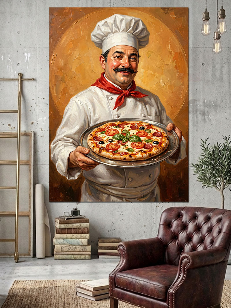 Pizzalı Gülümseyen Şef Aşçı Portresi Kanvas Tablo