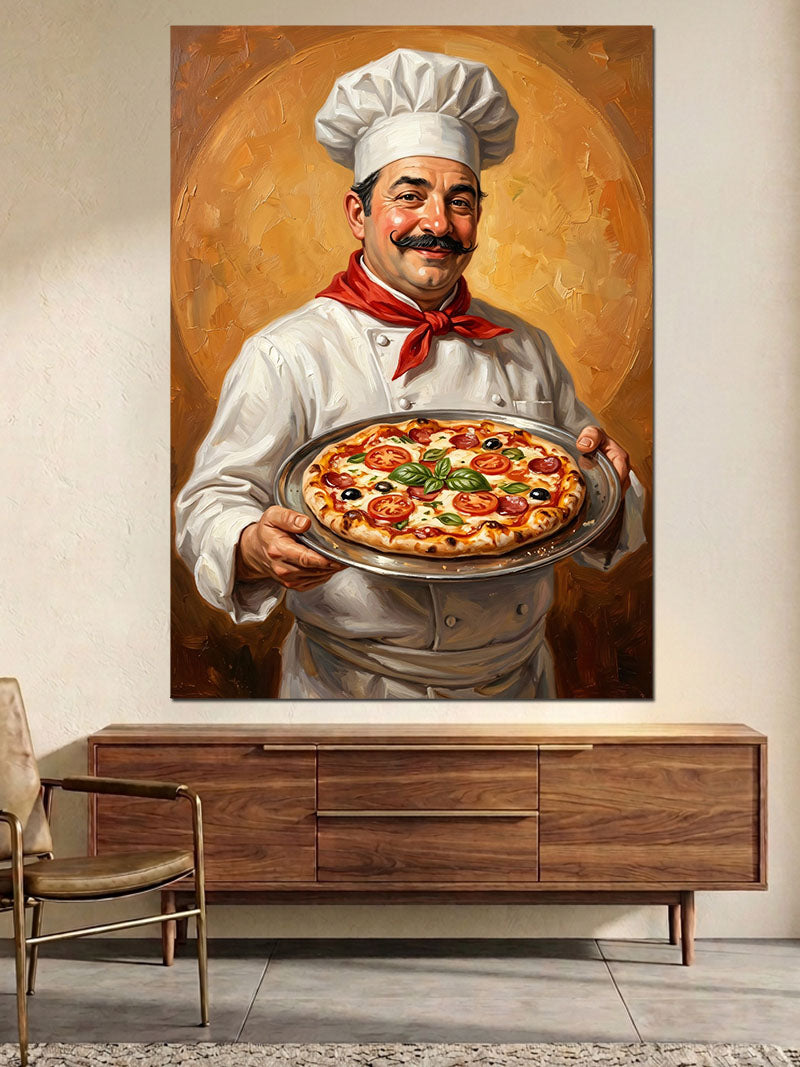 Pizzalı Gülümseyen Şef Aşçı Portresi Kanvas Tablo