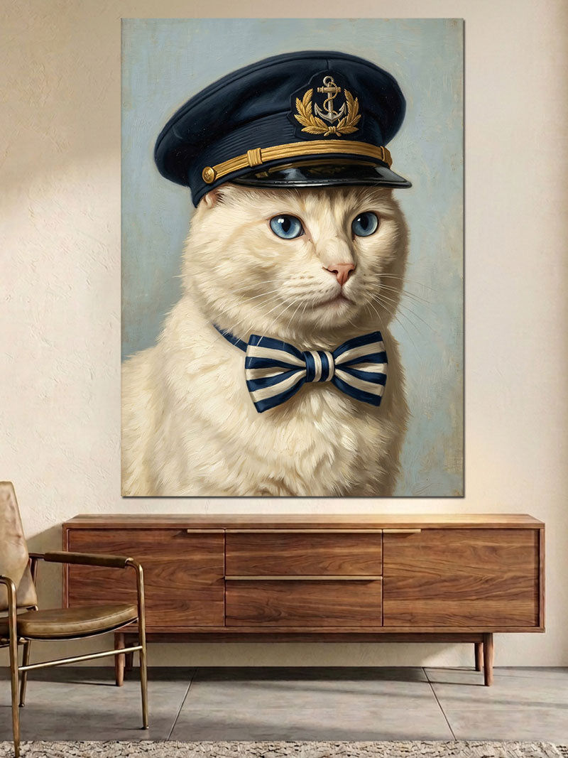 Kaptan Şapkalı Ve Papyonlu Kedi Kanvas Tablo