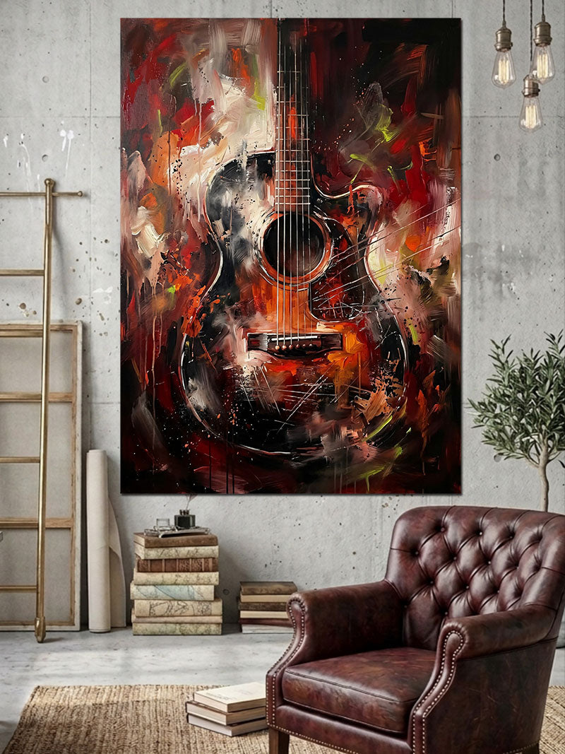 Renkli Boya Sıçramalı Akustik Gitar Kanvas Tablo