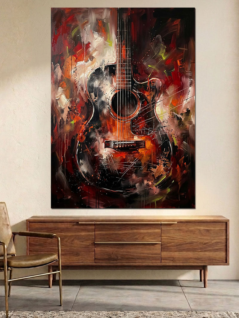 Renkli Boya Sıçramalı Akustik Gitar Kanvas Tablo