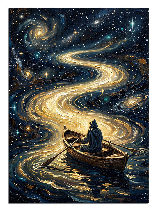 Galaksi nehrinde kayıkta oturan adam, yıldızlı gece nehir manzarası.