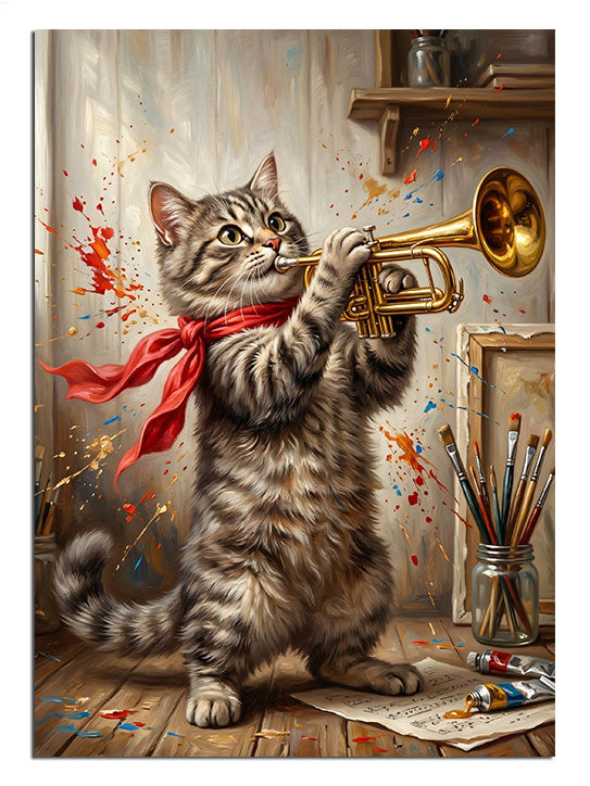 Ressam atölyesinde trompet çalan şapkalı kedi, eğlenceli hayvan tablosu.