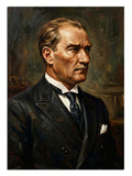 Koyu fonda kravatlı ve ciddi bakışlı Atatürk portresi tablosu.