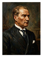 Koyu fonda kravatlı ve ciddi bakışlı Atatürk portresi tablosu.