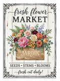Fresh Flower Market yazılı çiçek buketli vintage tabela posteri.