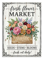 Fresh Flower Market yazılı çiçek buketli vintage tabela posteri.