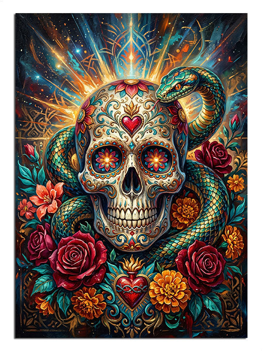 Yılan sarılı ve çiçekli renkli Meksika kafatası, Day of the Dead tablosu.