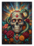 Yılan sarılı ve çiçekli renkli Meksika kafatası, Day of the Dead tablosu.