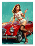 Kırmızı klasik araba yanında alet tutan pin-up kadın tablosu.