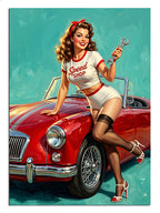 Kırmızı klasik araba yanında alet tutan pin-up kadın tablosu.