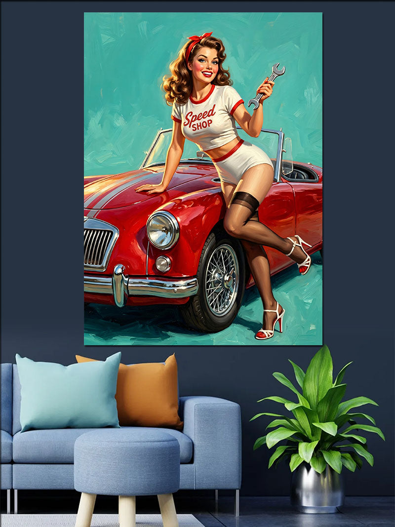 Kırmızı Arabalı Pin-Up Kadın Kanvas Tablo