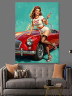 Kırmızı Arabalı Pin-Up Kadın Kanvas Tablo