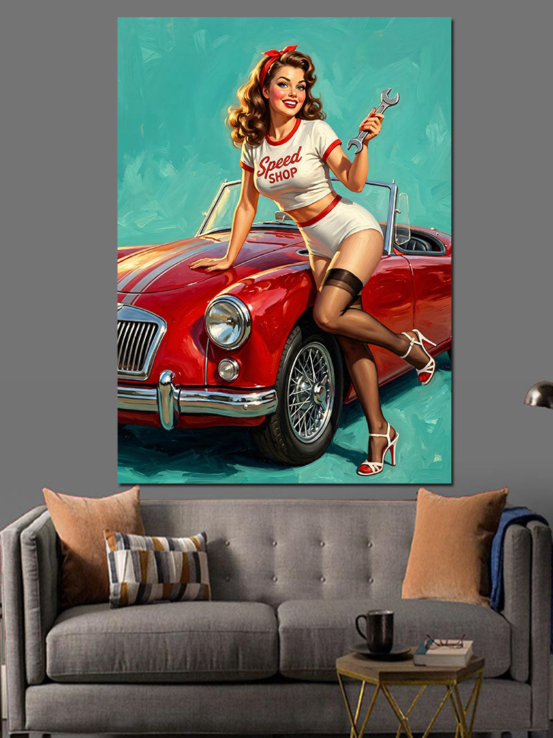 Kırmızı Arabalı Pin-Up Kadın Kanvas Tablo