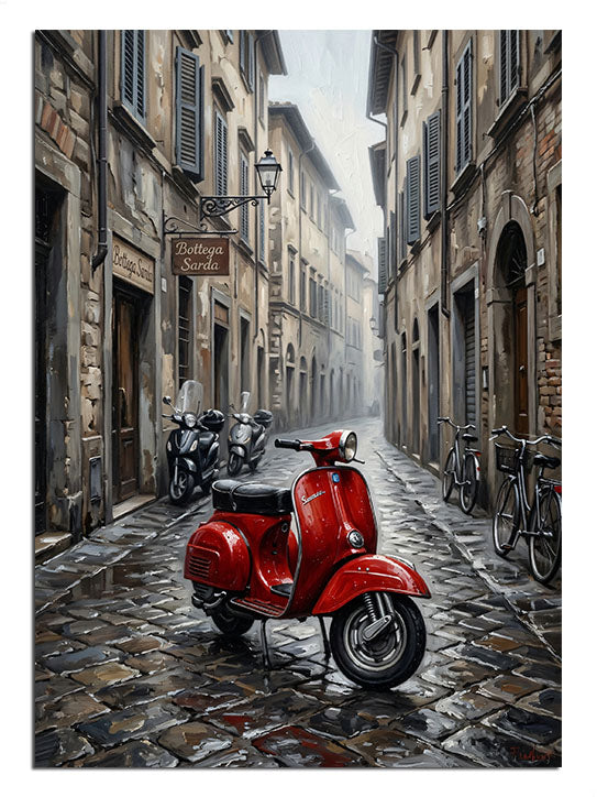 Taş döşeli İtalyan sokağında kırmızı Vespa scooter manzarası tablosu.