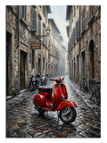 Taş döşeli İtalyan sokağında kırmızı Vespa scooter manzarası tablosu.