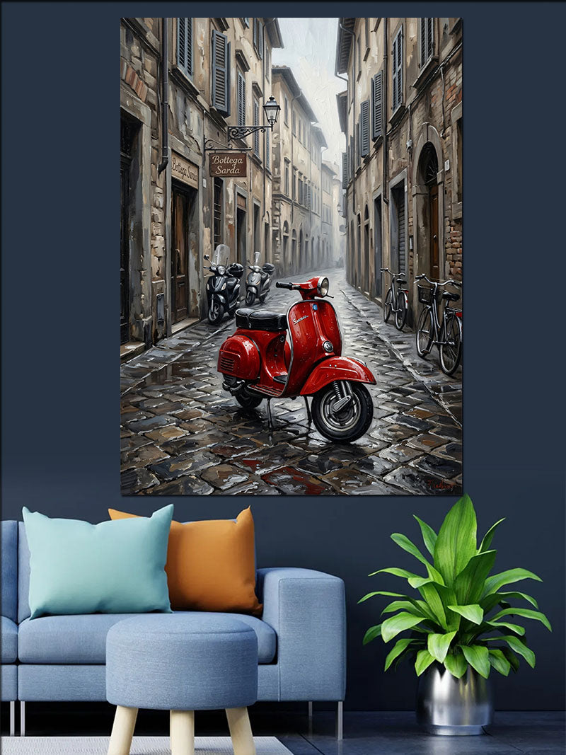 Taş Sokakta Kırmızı scooter Kanvas Tablo