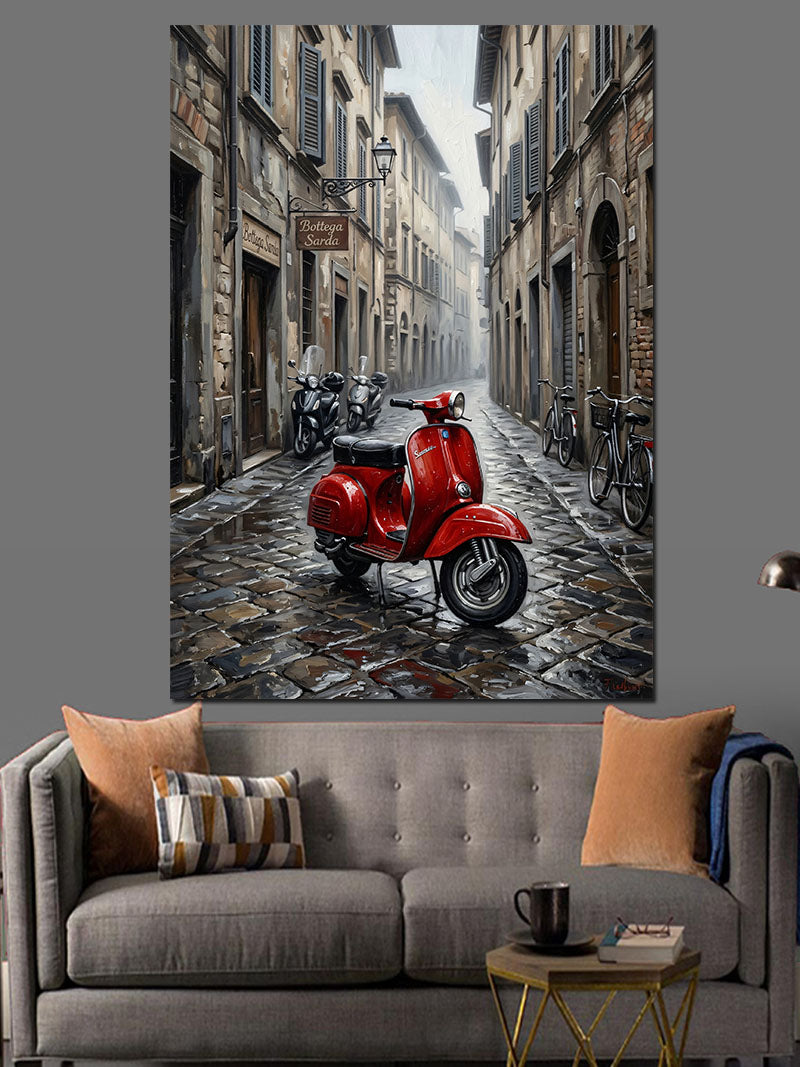 Taş Sokakta Kırmızı scooter Kanvas Tablo