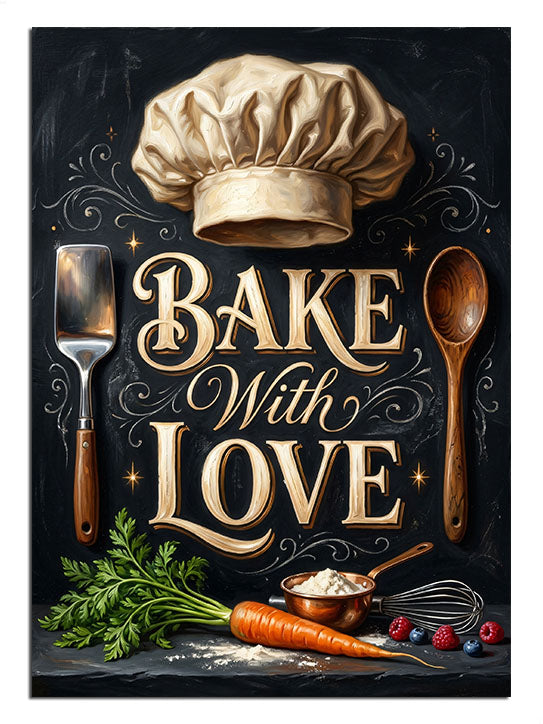 Bake With Love yazılı şef şapkası ve mutfak aletleri mutfak posteri.