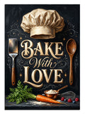 Bake With Love yazılı şef şapkası ve mutfak aletleri mutfak posteri.