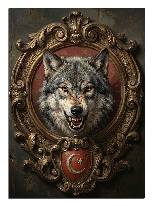 Altın çerçeve içinde kurt başı ve Türk bayrağı desenli tablo.